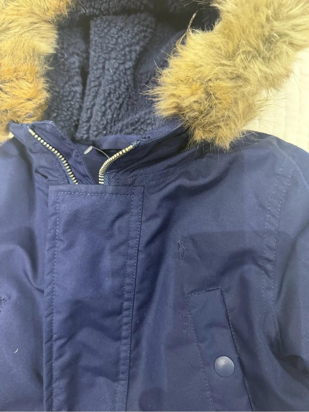 Polo by Ralph Lauren Navy Hooded Puffer Jacket with Faux Fur Trim